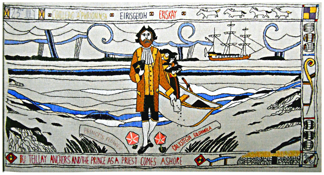 Prestonpans-Tapestry-Panel-8-The-Prince-comes-ashore-at-Eriskay-©-2013-Scotiana